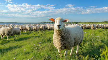 Sheep on a sunny meadow in spring, Almere, Flevoland, The Netherlandsの素材