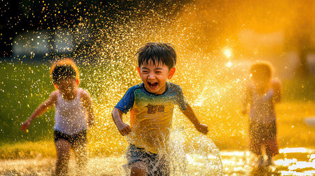 Happy asian boy playing in the water splash in the park.の素材