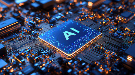 Artificial intelligence (AI) and machine learning concept. Computer mainboard closeup. 3D...