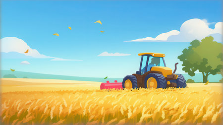 Agricultural background. Tractor in wheat field. Vector illustrationの素材