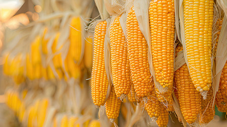Ripe corn on the cob hanging on the rope. Selective focus.の素材