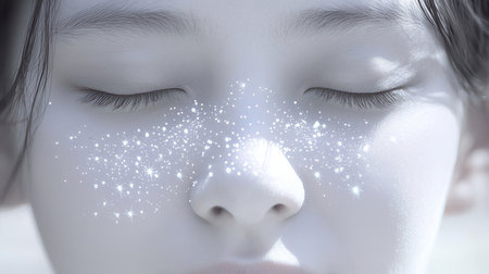 Close-up of a woman's face with closed eyes and a glowing star.の素材