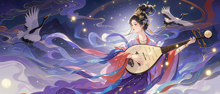 Beautiful woman playing a musical instrument on the night sky backgroundの素材