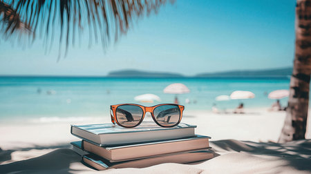 Stack of books and eyeglasses on the beach with sea backgroundの素材