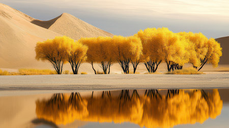 3d render of autumn trees in the desert with reflection in waterの素材