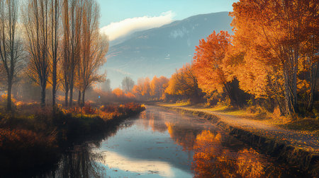 Beautiful autumn landscape with river and colorful trees in the morning.の素材