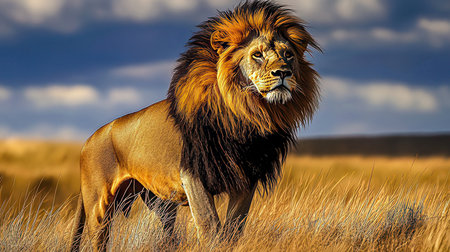 Big male lion standing in the high grass of the savannah.の素材
