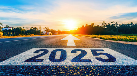 Asphalt road and new year with sunset sky background, Happy new year conceptの素材