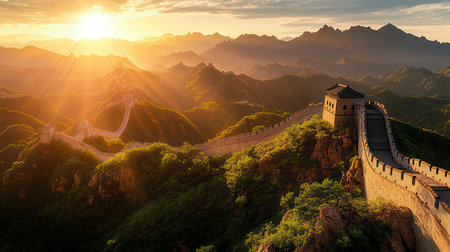 The Great Wall of China at sunset, panoramic view.の素材