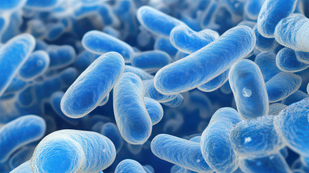 Bacteria, Gram-negative rod-shaped bacteria with a single polar flagellum. 3D illustrationの素材