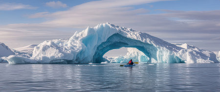 Antarctic landscape with iceberg and a man in a kayakの素材