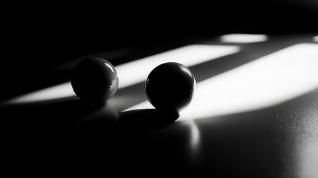 Black and white photo of a pair of balls in shadow on a black backgroundの素材