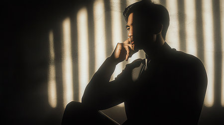 Silhouette of a man in a dark room with blindsの素材