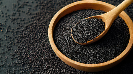 Sesame seeds in a wooden spoon on a black stone background.の素材