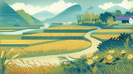 Rice field in the countryside. Vector illustration in retro style.の素材