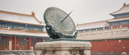 The clock of the Forbidden City in Beijing, China. Snow and snowflakes.の素材