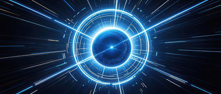 Futuristic circle with neon lights on dark background. 3D renderingの素材