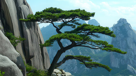 Pine tree growing on the rocks in Huangshan, Chinaの素材