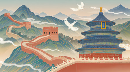 Landscape of Great Wall of China. Vector illustration in retro styleの素材