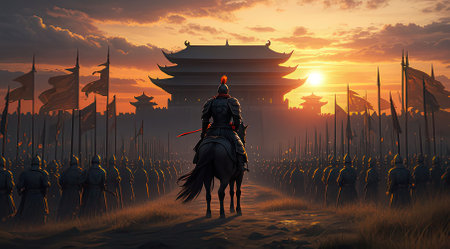 Knight on horseback in the ancient city. 3D rendering.の素材