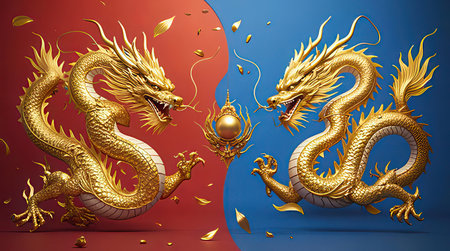 Golden dragon with red and blue background. 3d render illustration.の素材