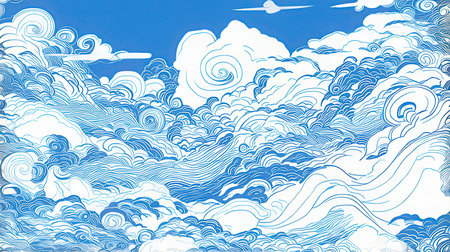 Hand drawn illustration of sea waves and clouds on a blue background.の素材