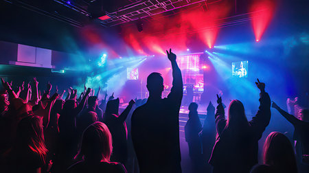 Concert crowd in front of bright stage lights and dancing people.