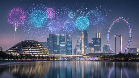 Fireworks over Singapore skyline at night, Singapore, Asia. Double exposureの素材