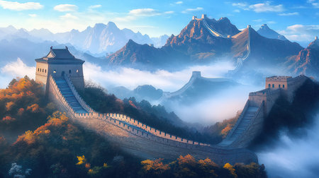 The Great Wall of China at sunrise,panoramic view.の素材