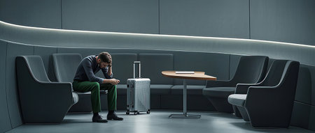 Tired and stressed businessman sitting on chair in airport lounge. Mixed mediaの素材