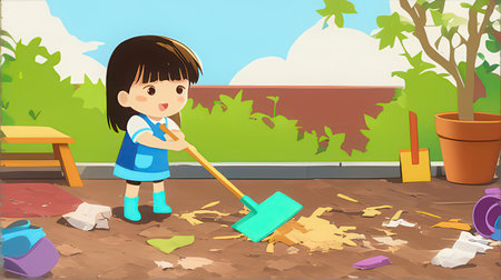 Cute little girl cleaning the yard with a broom. Vector illustration.の素材