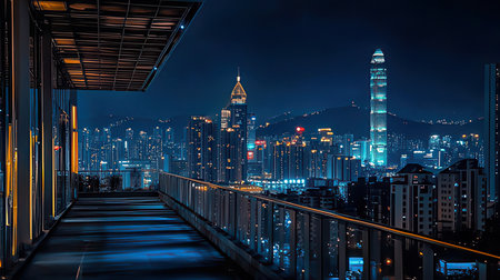 Cityscape of Hong Kong at night with bridge and skyscrapers