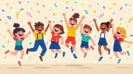Happy group of children jumping with confetti and ribbons. Vector illustration.の素材