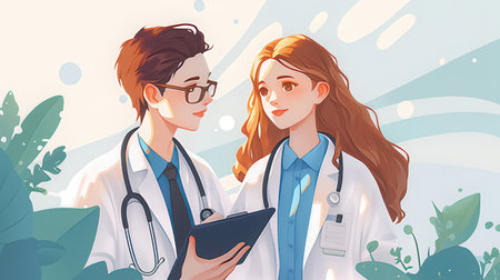Two young doctors with stethoscopes. Vector illustration in cartoon style.の素材
