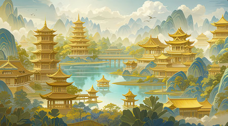 Beautiful Asian Landscape with pagodas and lakes. Vector illustrationの素材