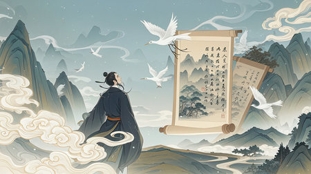 Vector illustration of a girl reading a book on the background of mountains