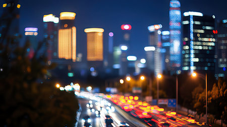 Night view of Shanghai, China. Blurred traffic lights and buildings.