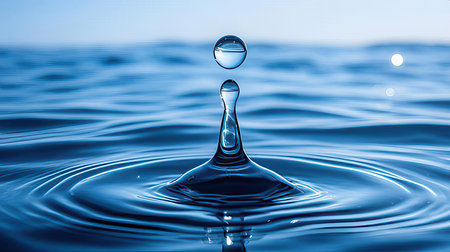 Water drop close-up on blue background. Splash effect after collision a falling drops with water Surfaceの素材