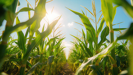 Corn field with blue sky and sun. Green corn field with blue skyの素材