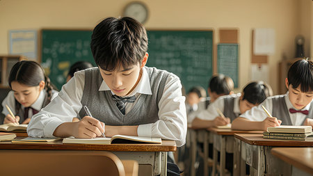 Asian schoolboy writing in notebook while sitting at the desk in classroomの素材