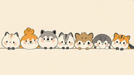 Cute cartoon animals on a beige background. Vector illustration.の素材