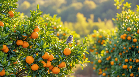 Tangerine orchard in the morning light. Tangerine tree and birdの素材