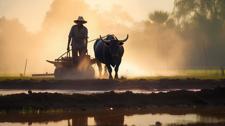 Thai farmer working with buffalo on rice field at sunrise, Thailandの素材