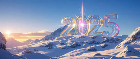 Happy New Year 2023 - 3D Rendered Illustration. Snowy Mountain Landscape.の素材