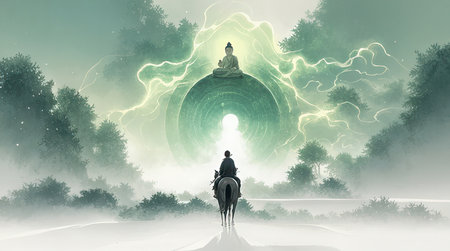 Man riding a horse on the road in the forest. Fantasy landscape.のeditorial素材