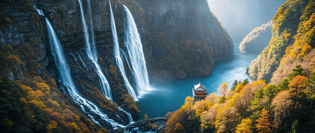 Panoramic view of the waterfall and the lake in autumn.の素材