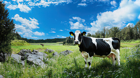 Black and white cow on a green meadow in the mountains.の素材