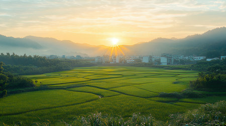 Rice field at sunset in the countryside.の素材