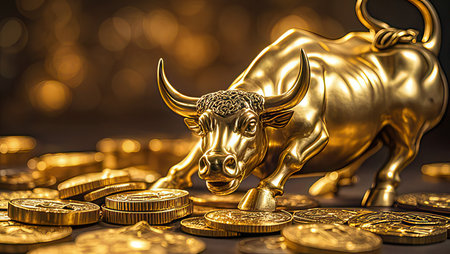 Gold bull and gold coins with bokeh background. Financial concept.の素材