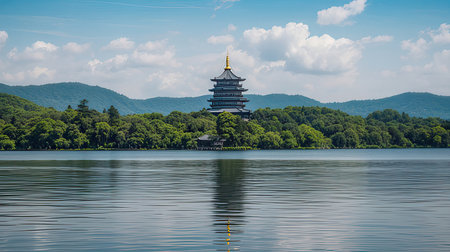 Beautiful landscape of a pagoda by a lake with mountains in the backgroundの素材